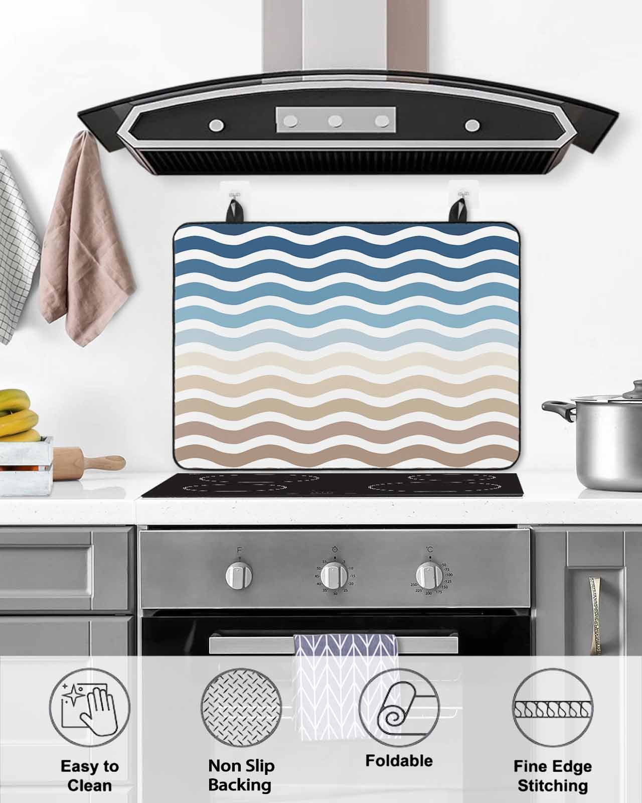 nqOlkjepod Large Induction Cooktop Protector Mat 24"x21", Navy Blue Brown Ombre Moire Stove Top Covers for Electric Stove, Water Ripple Stripe Farmhouse Stove Burner Cover Mats Stove Cover