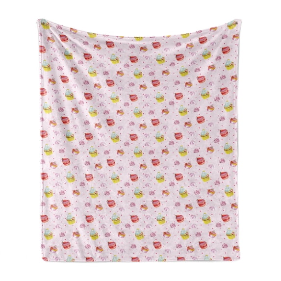 Cupcake Soft Flannel Fleece Throw Blanket, Wedding Celebration Muffins with Whipped Cream Roses Dots Valentines Day Theme, Cozy Plush for Indoor and Outdoor Use, 50" x 60", Multicolor, by Ambesonne