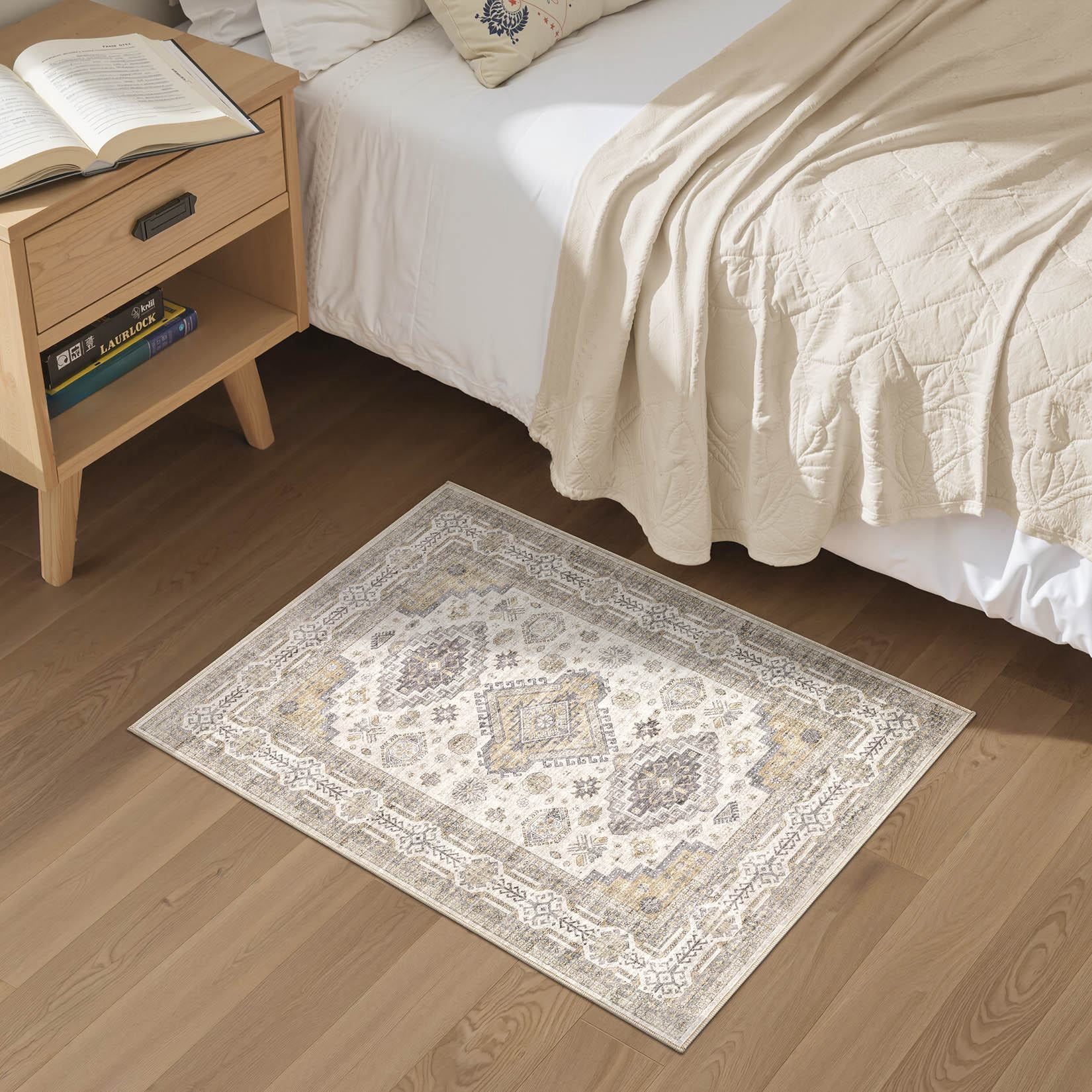 UERMEI 2'x3' Washable Area Rugs for Entryway, Modern and Vintage Non Slip Carpet, Low Pile Indoor Rug for Bathroom Home Decor Carpets, Beige Brown