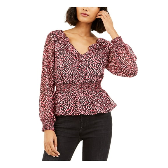 BAR III Womens Pink Ruffled Patterned Long Sleeve V Neck Top Size: XXL