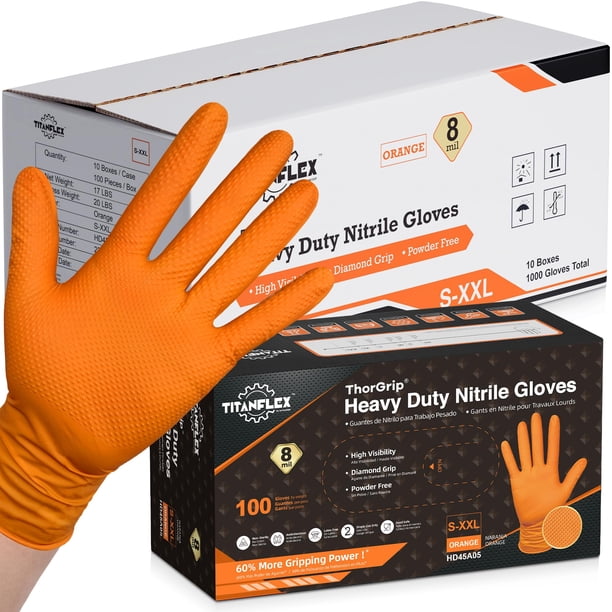 TitanFlex Guantes industriales de nitrilo naranja resistentes, guantes de 8 mil, desechables, sin látex, con agarre de textura de diamante elevado, guantes de goma sin polvo, guantes mecánicos, estuch