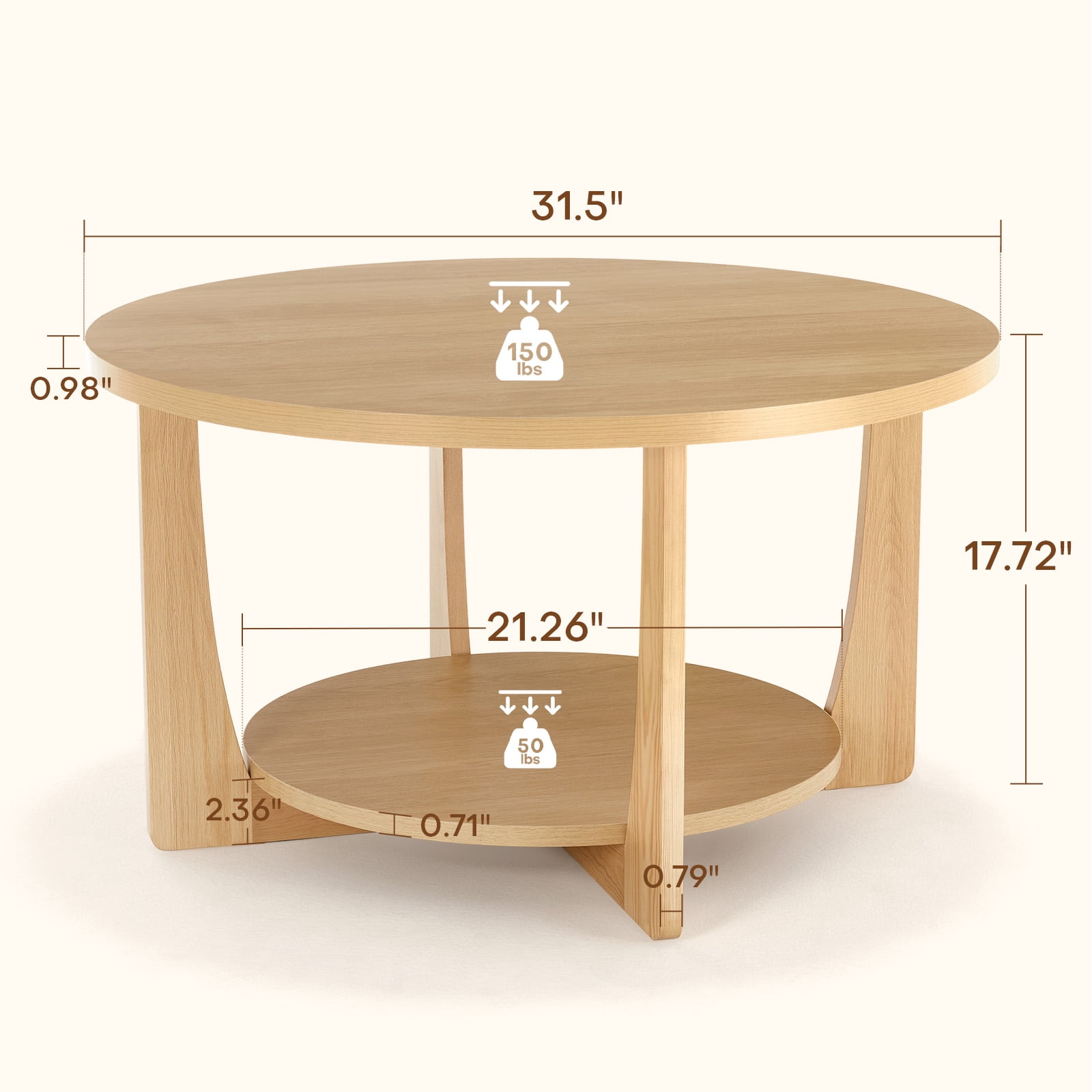 Foreate 31.5" Round Coffee Table with Solid Wood Pine Legs, 2-Tier Retro Round Coffee Table with Storage Shelf, Small Modern Wood Circle Center Table for Living Room, Natural