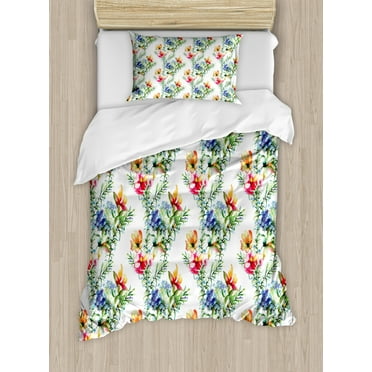 Flower Decor Twin Size Duvet Cover Set, Shabby Chic Decor Mimosas Daisies Flowers Leaves Buds Lilacs Artwork Print, Decorative 2 Piece Bedding Set with 1 Pillow Sham, Multicolor, by Ambesonne