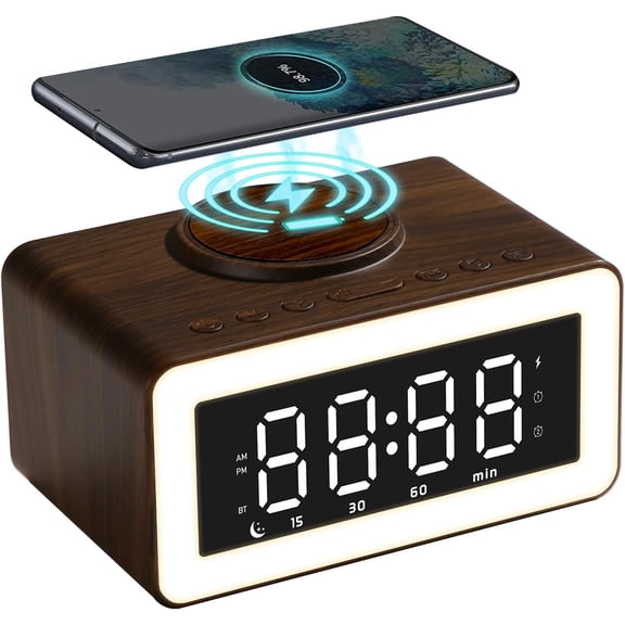 Wooden Bluetooth Speaker Alarm Clock with Wireless Charging, 0-100% Adjustable Brightness Dimmer, 2 Alarms, 9 Mins Snooze, 12/24h, Led Night Digital Clock for Bedrooms, Office,Travel(Black)