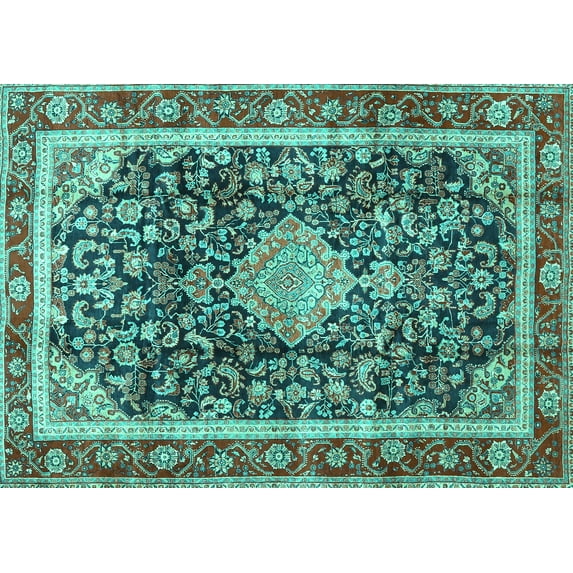 Ahgly Company Machine Washable Indoor Rectangle Medallion Turquoise Blue Traditional Area Rugs, 8' x 12'