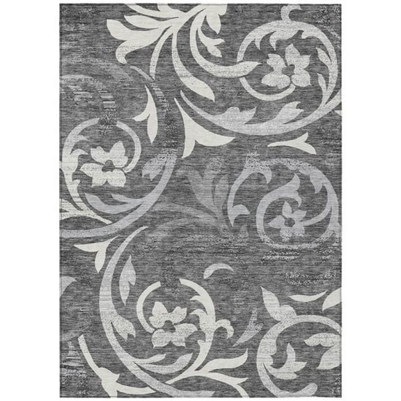 HomeRoots 585775 8 x 10 ft. Floral Washable Indoor & Outdoor Rectangle Area Rug, Charcoal, Silver & Gray