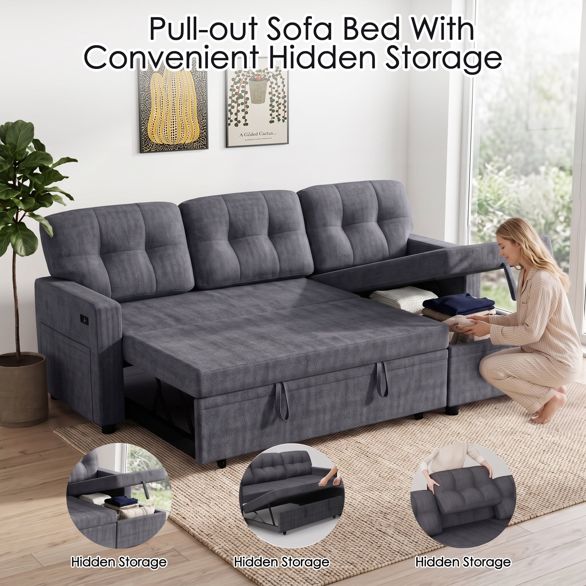 avobird 82" L Shaped Sleeper Sofa Bed, 3-Seat Convertible Sectional Couches with Storage Chaise, Terry Cloth Pull Out Couch for Living Rooms, Apartment, Dark Gray