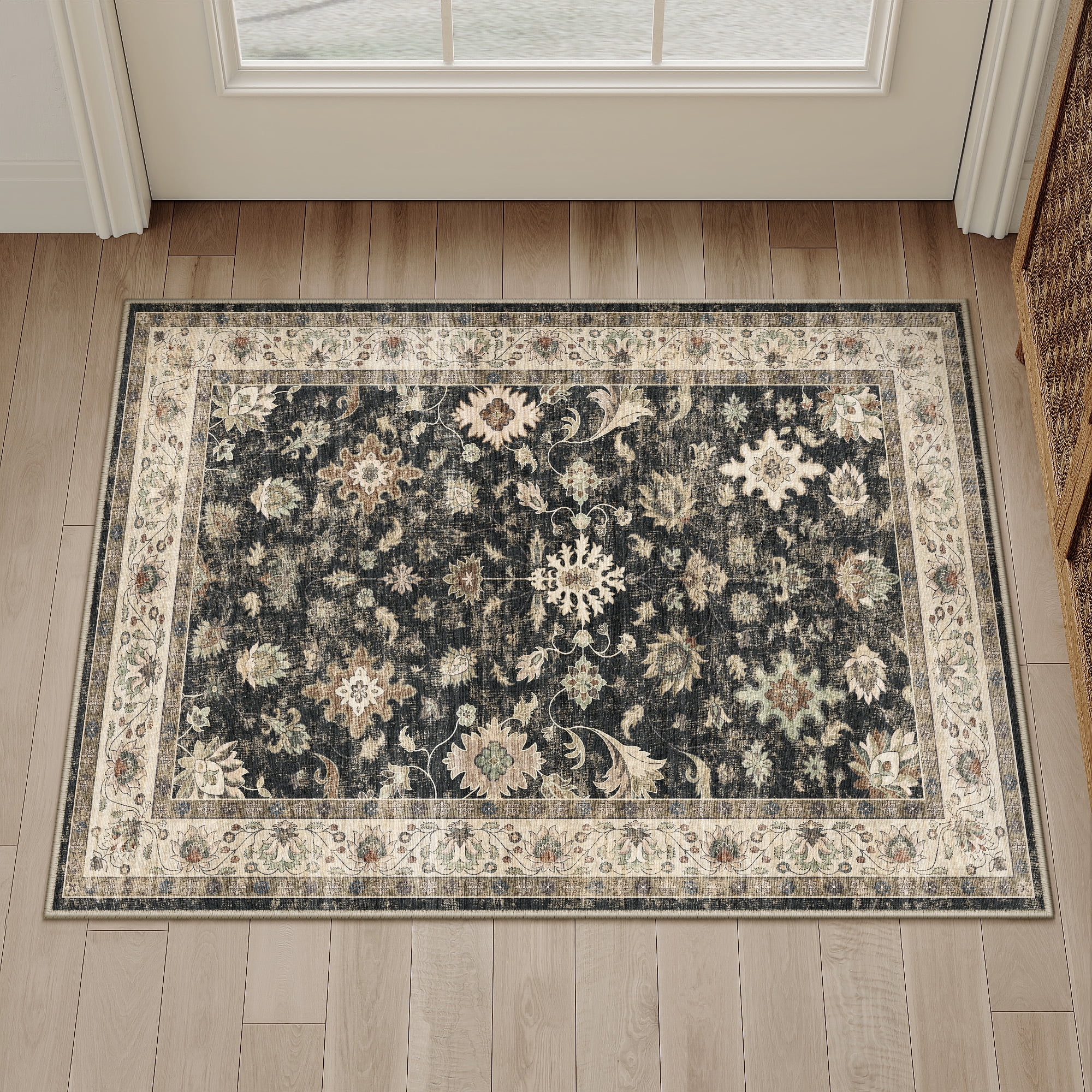 BERTHMEER 2'x3' Small Area Rugs for Entryway Doorway indoor Doormats Bathroom Machine Washable Non-slip Vintage Floral Oriental Rugs,Black