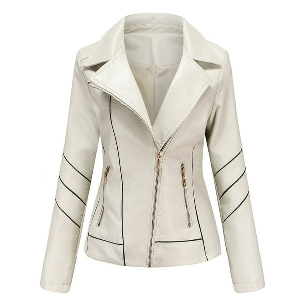 YUEHAO - Chaqueta de cuero fina con cuello alto y cremallera para mujer, color liso, color blanco