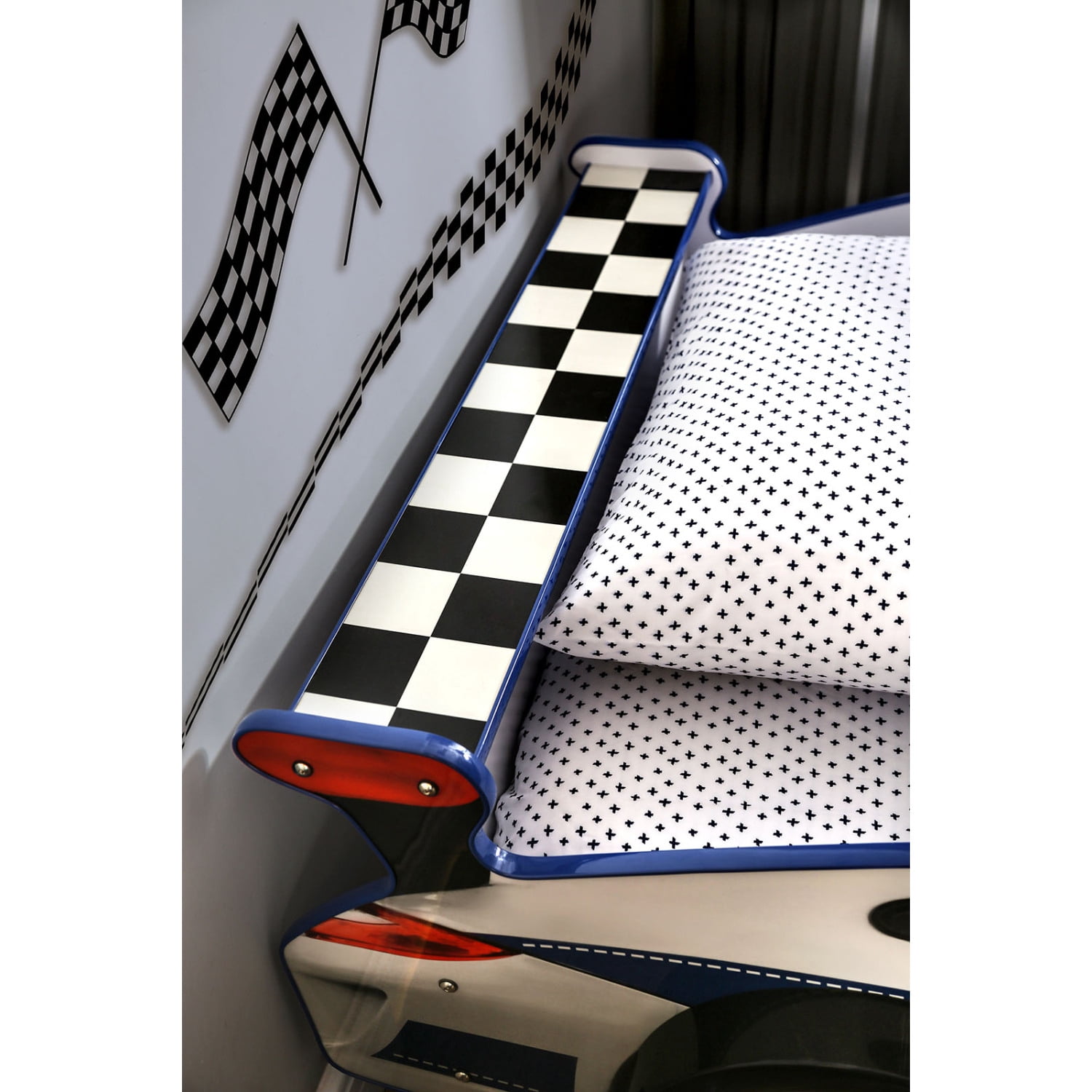 Miekor Furniture Modern Novelty Style Twin Bed Police Car Design With High gloss Design LED Lights On Wheels And Headlights Included Slat Kit Metal Structure Painted Edges Blue And White Finish MK3642