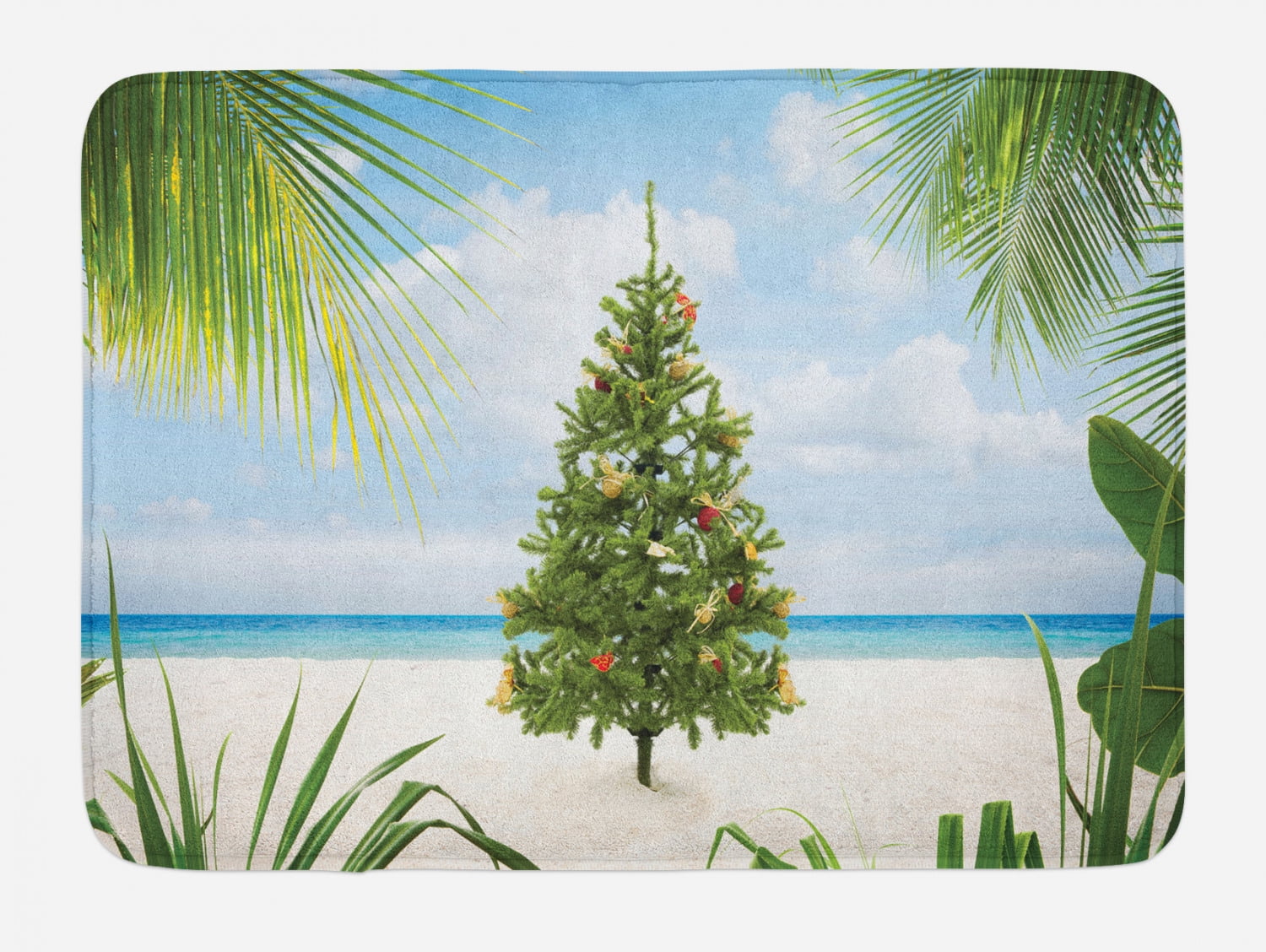 Christmas Bath Mat, Tree with Tinsel and Ornaments Tropical Island