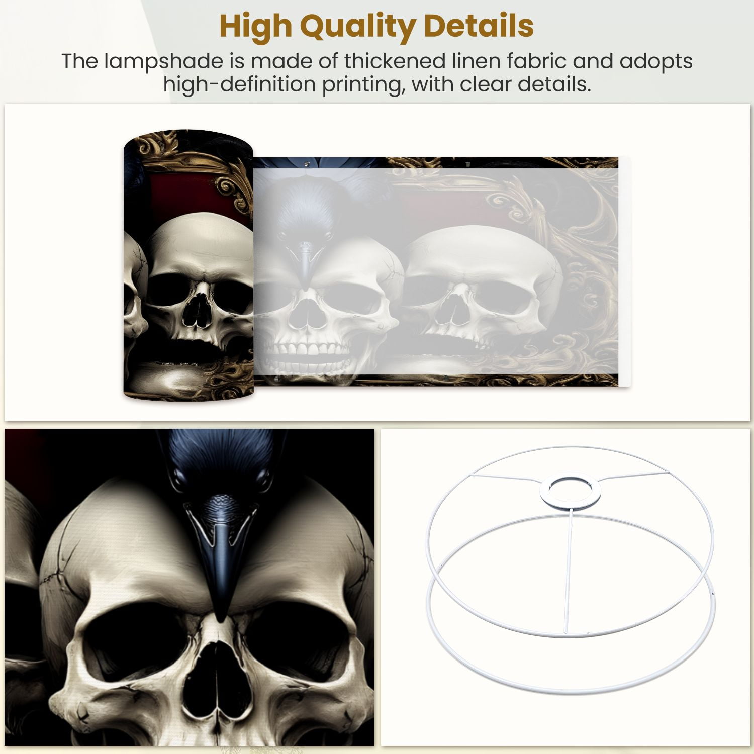 Linen Drum Lampshades Vintage Black Crow Skull Gothic Style Halloween Spooky Skulls Raven 13"x13"x10" Light Shade for Table Lamps Drum Lamp Shades Lampshade Replacement Assembly Required