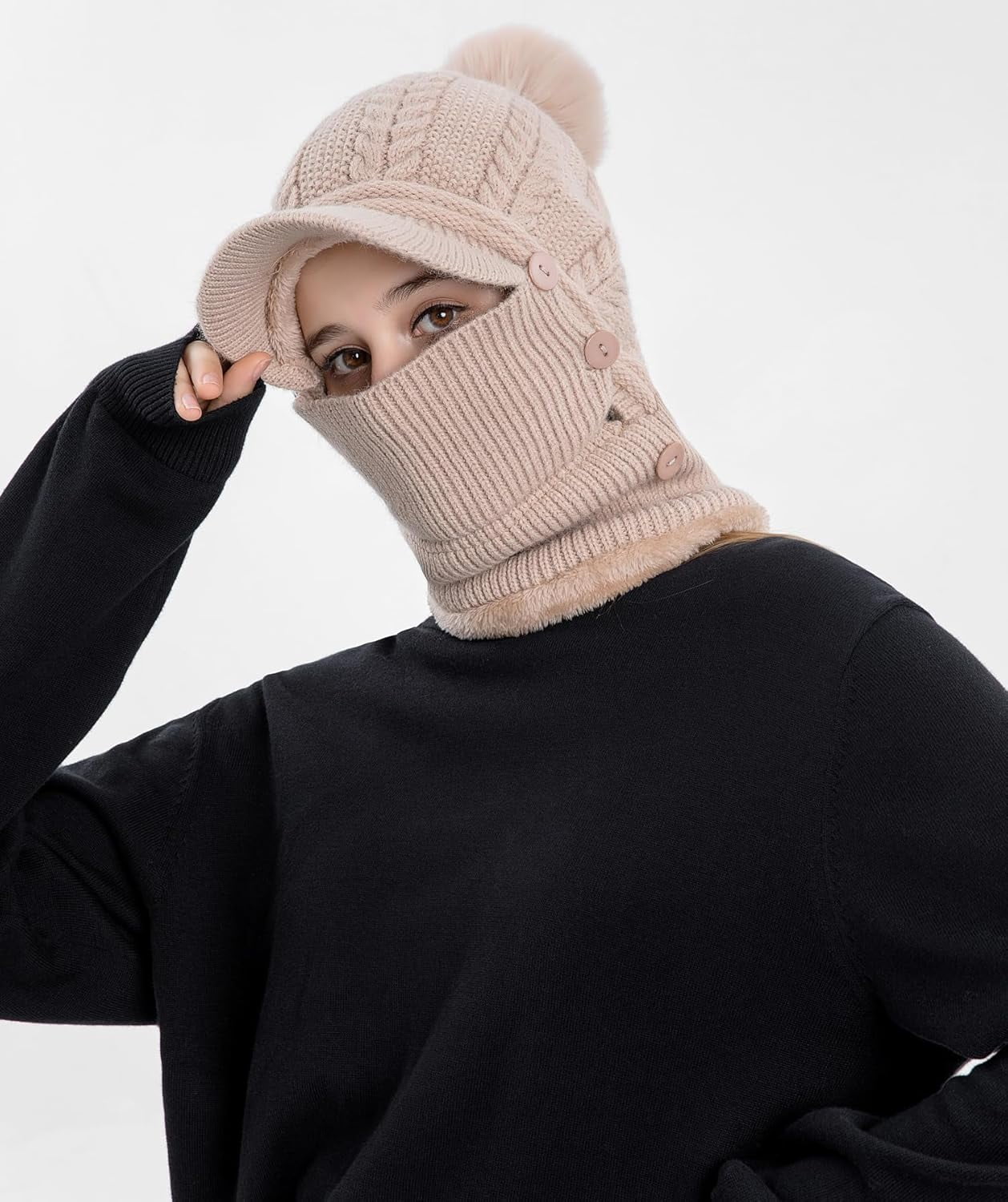 Zhengup Women Winter One Piece Beanie Hat Slouchy Fleece Balaclavas Face Mask Neck Scarf Set Earmuff Ski Snow Knit Hats