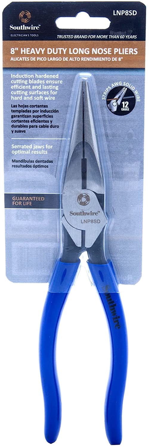 Southwire Tools  Equipment LNP8SD 8 Heavy Duty Long-Nose Pliers with Side Cutter, Stripper,  Dipped Handles, Blue