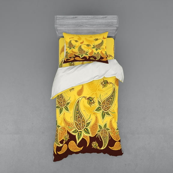Paisley Duvet Cover Set, Folkloric Inspired Floral Ornaments Illustration, Bedding Set with Shams and Fitted Sheet, 3 Sizes, by Ambesonne