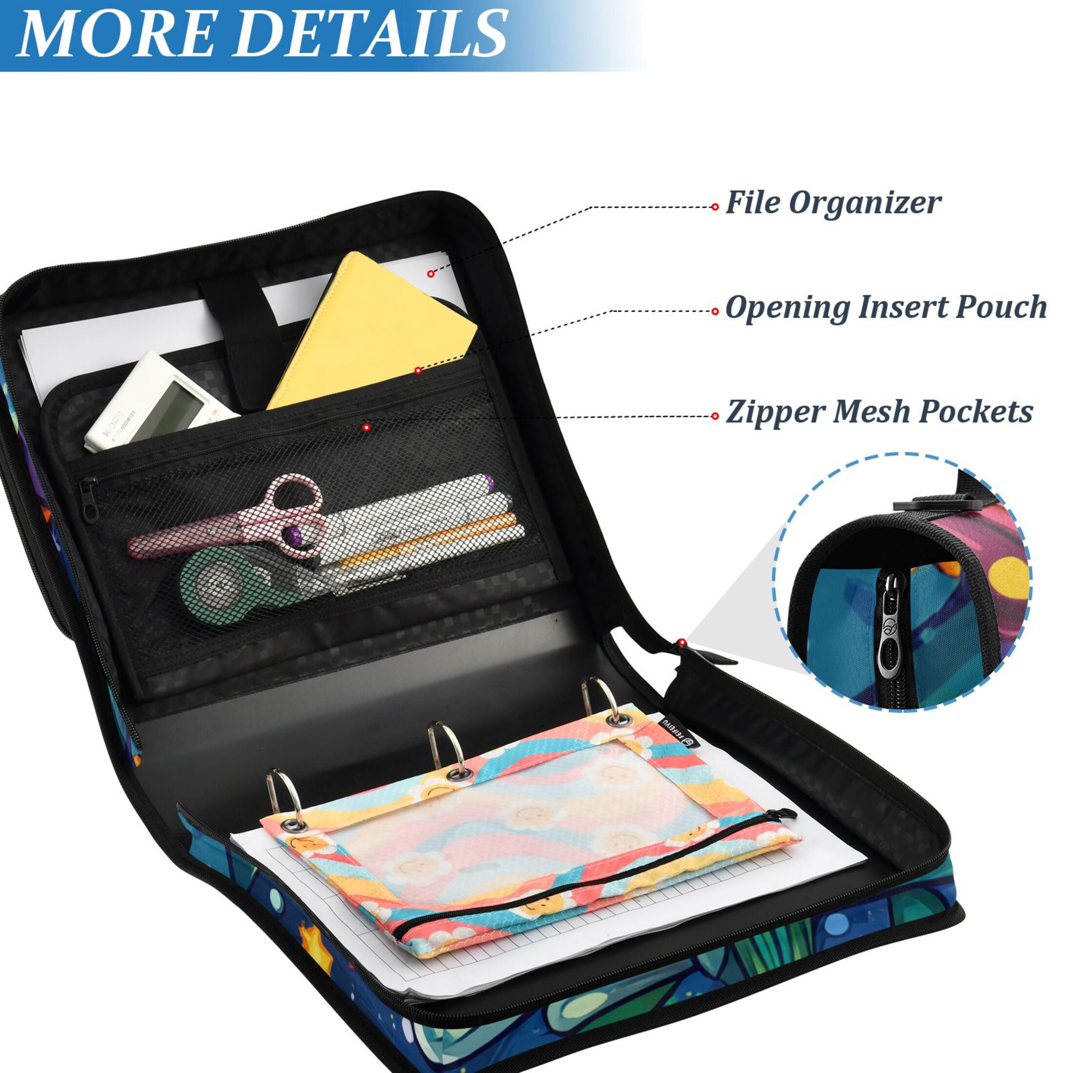 3 Ring Zipper Binder with Shoulder Strap Waterproof Trapper Keeper 2 Inch D-Ring 500 Sheets Capacity Cartoon Flower and Star