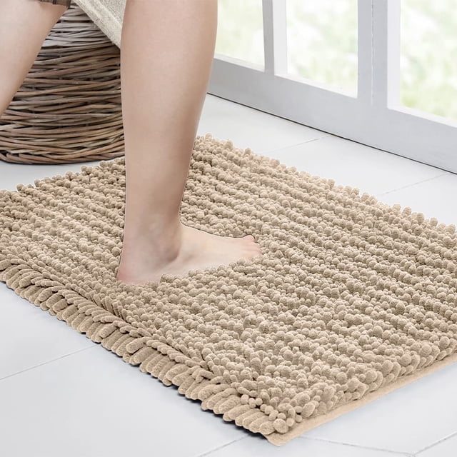 shiyou-Bathroom Rug Non Slip Bath Mat (24x17 Inch Beige) Water Absorbent Super Soft Shaggy Chenille Machine Washable Dry Extra Thick Perfect Absorbant Best Small Plush Carpet for Shower Floor