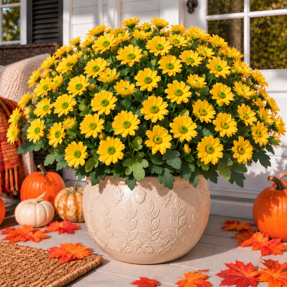 Artificial Faux Mums Fall Flowers for Outdoor Planters, UV-Resistant Look Real for Autumn Home Porch Patio Garden Yard-Yellow-10