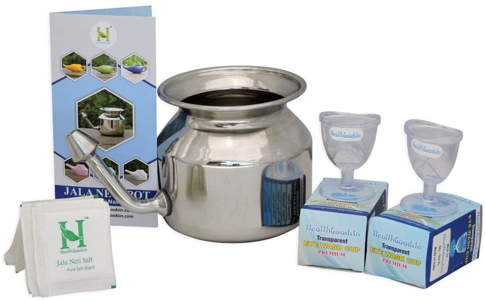 HealthGoodsIn - Stainless Steel Neti Pot with Set of 2 Eyewash Cups | Stainless Steel Neti Pot | 500ml Capacity