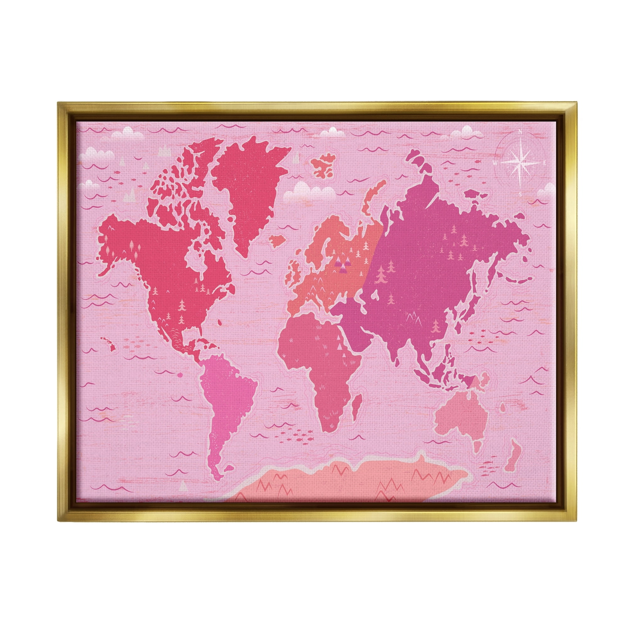 Stupell Industries Pink Tones World Map Atlas Countries Education Graphic Art Metallic Gold Floating Framed Canvas Print Wall Art, Design by Arrolynn Weiderhold