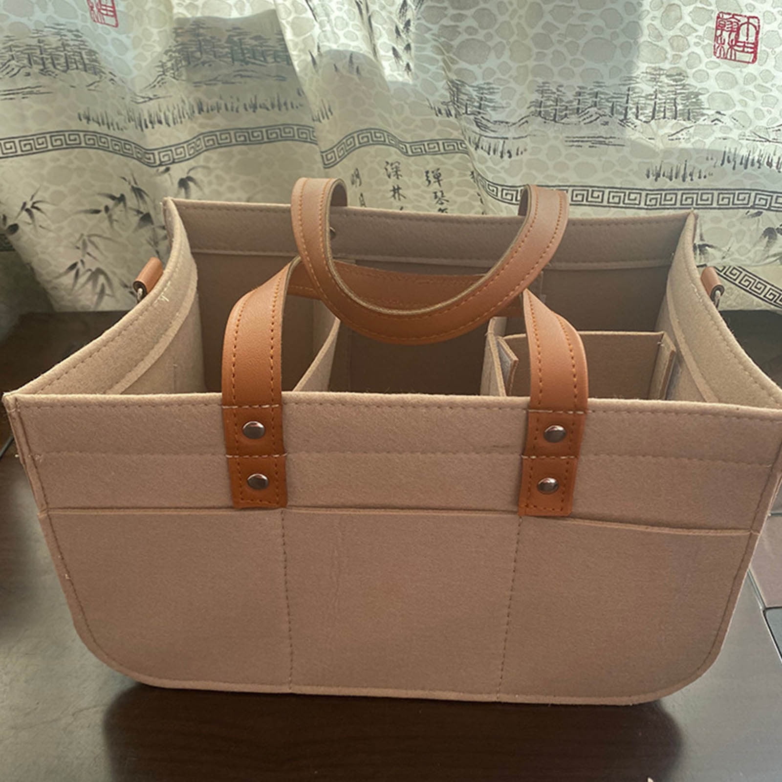 Weloille Felt Diaper Bag 33x15x18cm Foldable Storage Organizer, Gray with Brown Leather Handle, Portable Multifunctional Changing Station for Baby Care Essentials and Breast Pump Accessories