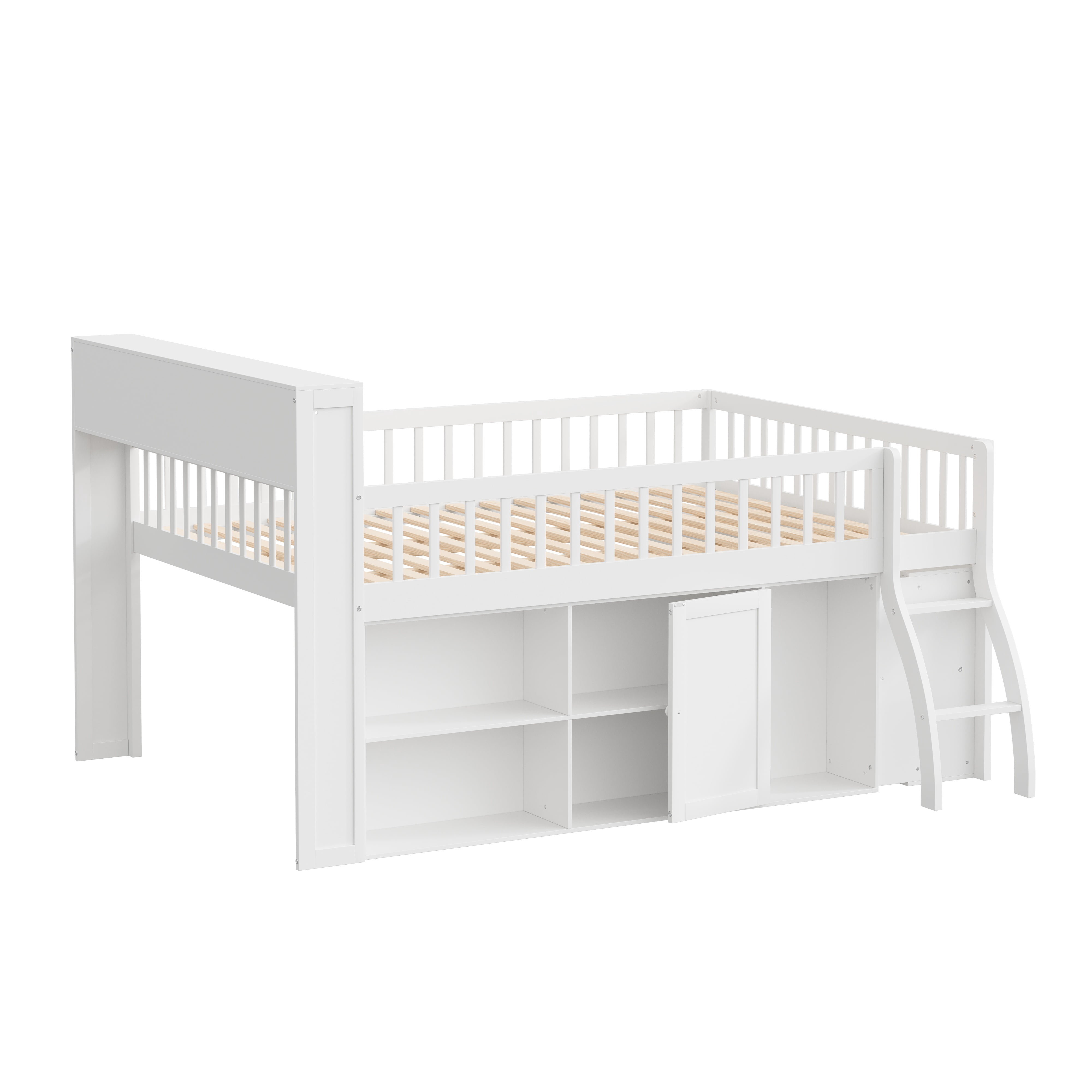 Euroco Wood Queen Size Loft Bed with Storage Shelves and LED Light, White