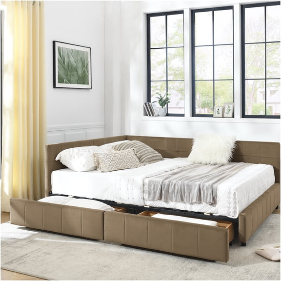 JERFIT Queen Size Velvet Upholstered Daybed with Storage Drawers, Mid-Century Modern Sofa Bed Frame for Bedroom and Living Room, Brown