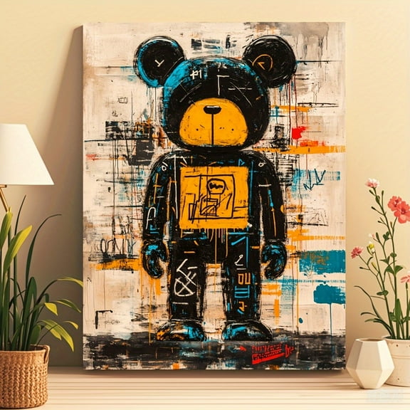 [2D Flat] 1pc Jean Michel Basquiat Inspired Abstract Bear Canvas Wall Art - 12x16 Inch Framed Modern Art Print with Bold Blue & Yellow Accents, Ready-to-Hang Wooden Frame for Living Room