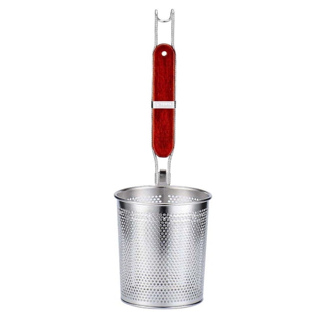 Colador de alimentos con diseño de canasta profunda, colador de acero inoxidable para pastas y fideos: aleación duradera con mayor espesor de malla, mango de madera y base estable, adecuado para