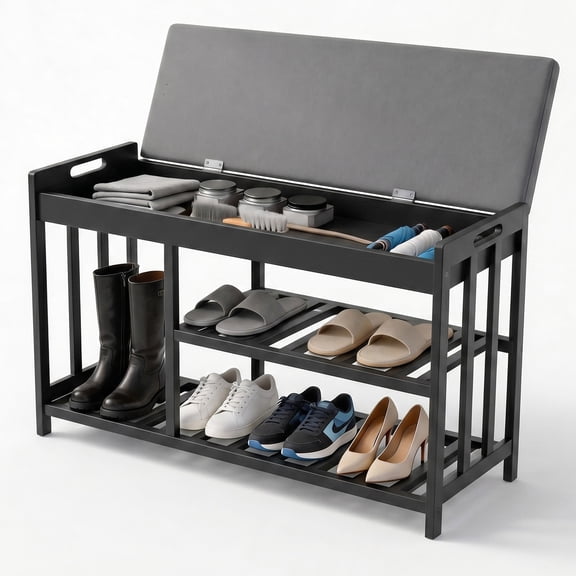 Bambo Shoe Storage Bench with Cushion, 3-Tier Entryway Bench with Storage Organizer for Bedroom & Living Room,Mudroom and Closet,10.6x30.9 x17.3 in, Black