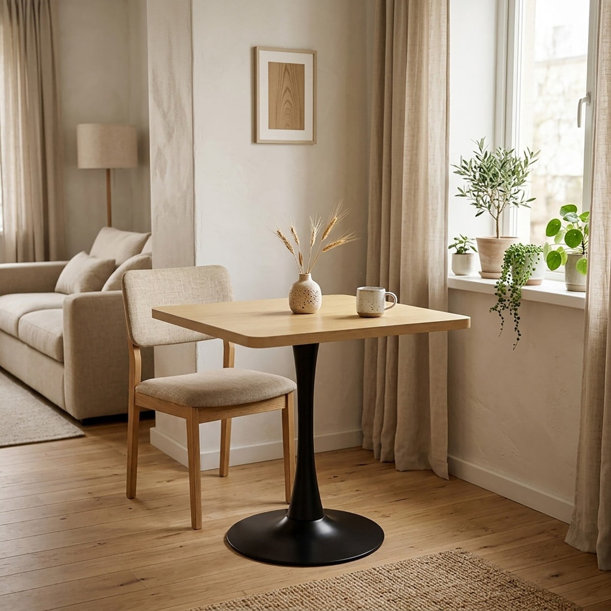 Square Dining Table, 27.6" Tulip Table with Metal Pedestal Base, Mid Century Modern Kitchen Table for 4, Small Space Bistro Table for Apartment, Living Room, Cafe, Natural