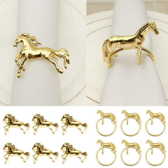Walbest Decorative Alloy Home Golden Horses Napkin Ring Set of 6 Napkin Buckle for Wedding Parties, Dinners, Christmas, Holidays Decor (Golden)