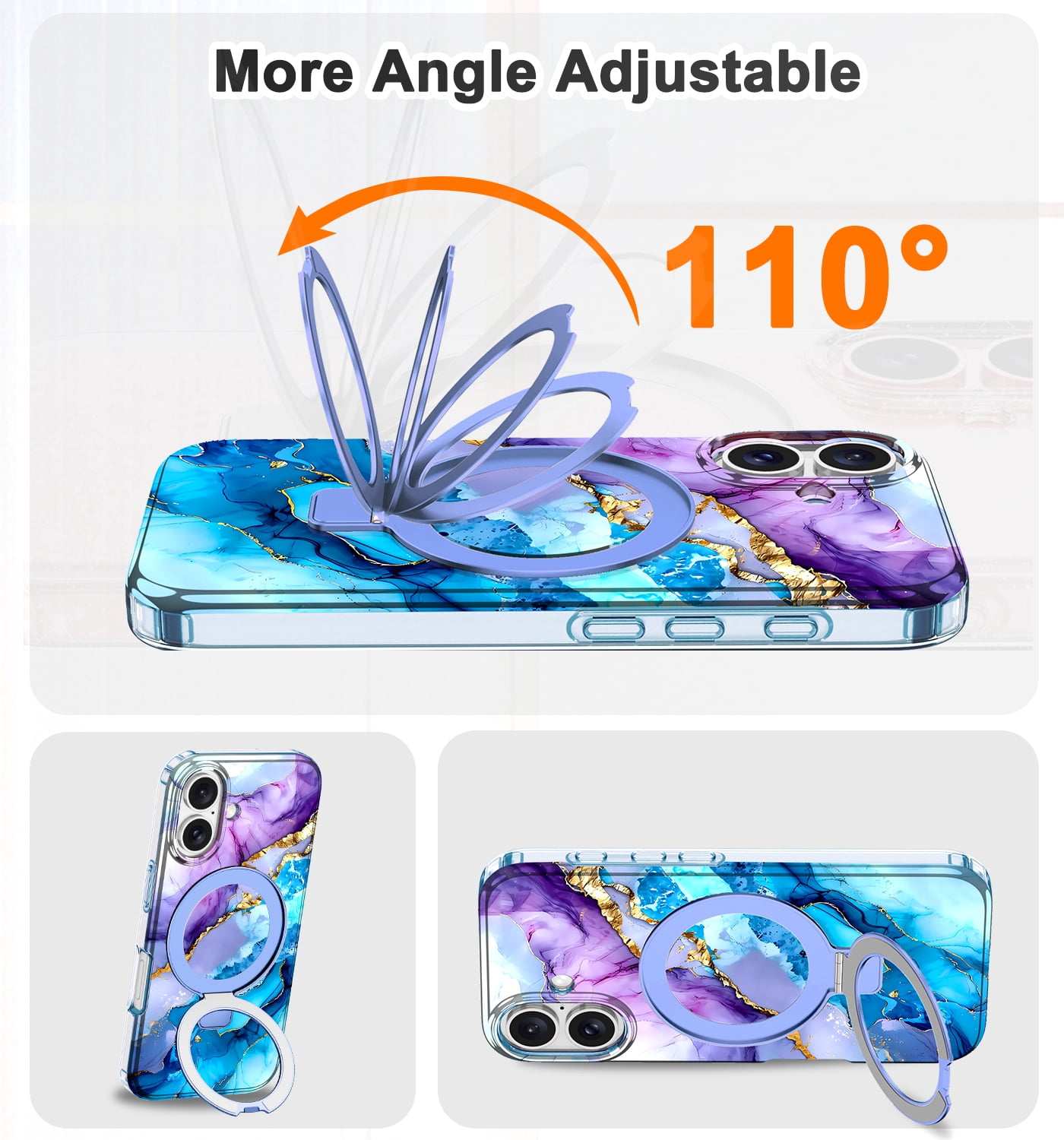 CASEFIV for iPhone 16 Plus Case,with Magnetic Invisible Ring Stand [Compatible with MagSafe],Full Body Rugged Slim Women Men Girl Shockproof Marble Pattern Design Case,Blue