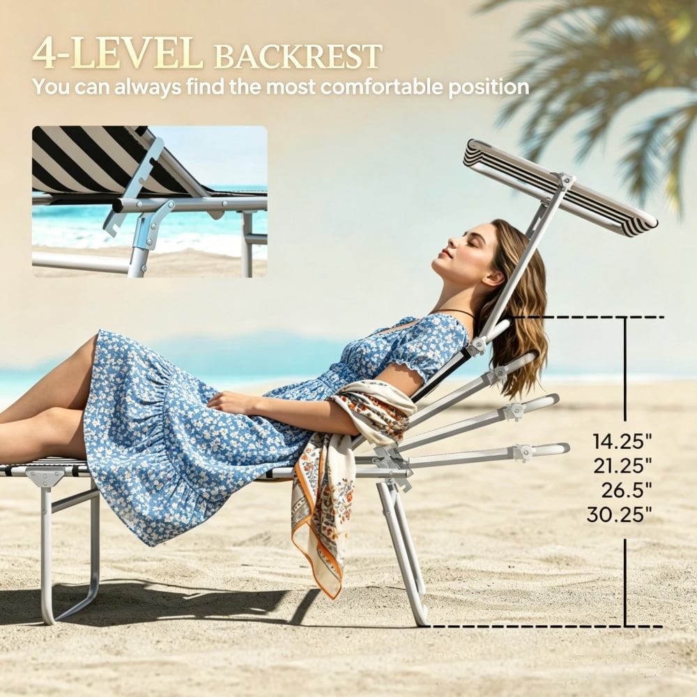 Outdoor Folding Chaise Lounge with Detachable Adjustable Awning, 4-Position Reclining Backrest, Metal Frame Oxford Cloth Sun Lounger, Lightweight Portable for Patio Garden Poolside Beach