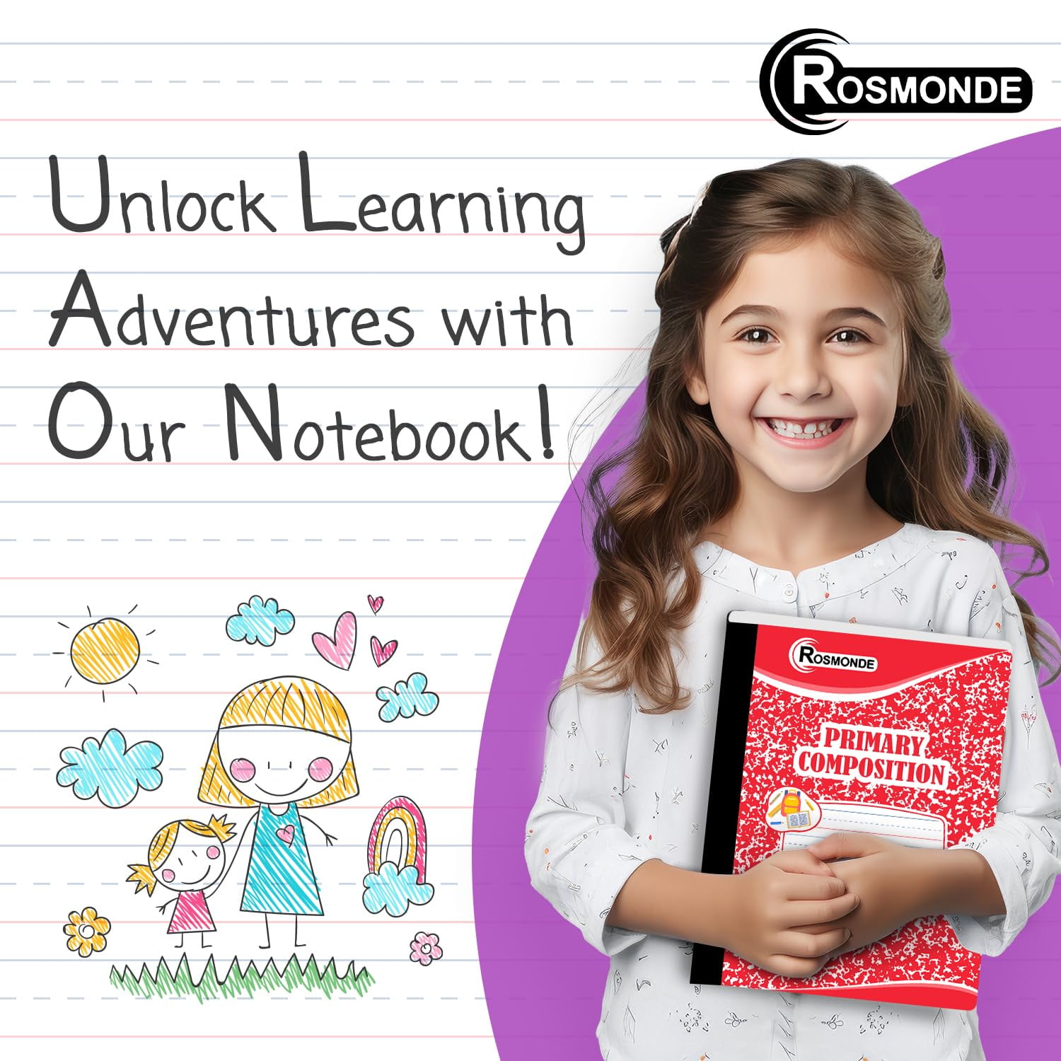 Rosmonde Composition Notebooks Primary Ruled 50 Pack, 200 Pages (100 Sheets), Color Marble Composition Notebook, Sewn Binding Hard Cover, Primary Composition Notebook for Kids, Writing Dotted Lined