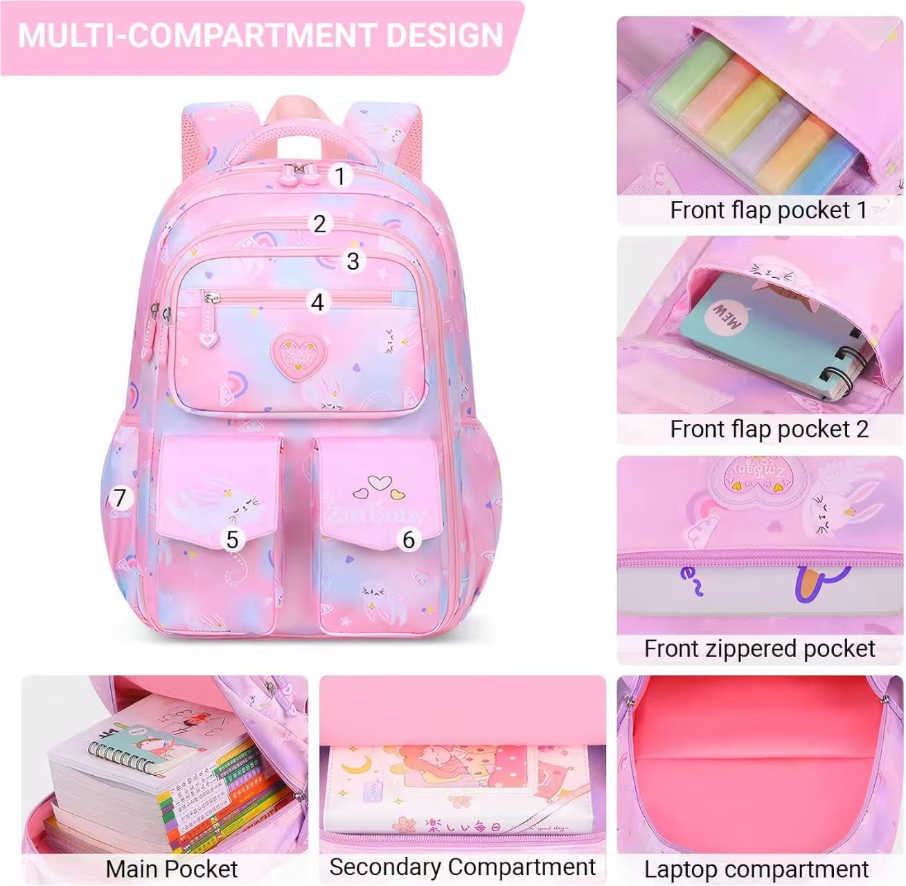 Mochila escolar KIVDIT para niñas, morral infantil resistente, bolso escolar espacioso con múltiples bolsillos para niñas, rosa 3