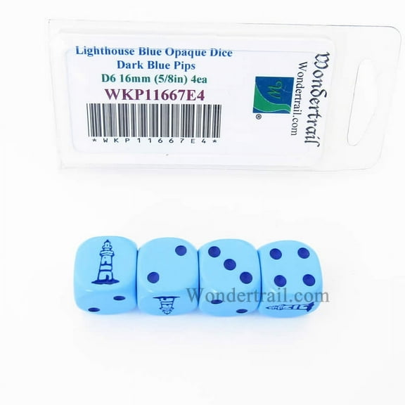 Lighthouse Dice Blue Opaque with Drak Blue Pips D6 16mm (5/8in) Set of 4 Wondertrail