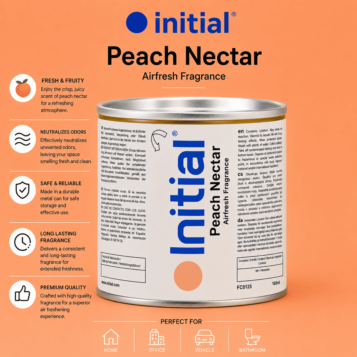 INITIAL Peach Nectar Liquid Air Freshener Odor Eliminator Long-Lasting Scent for Car, Home & Office - 100ml