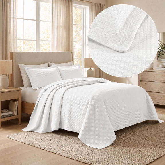 Superior Solitaire Cotton Decorative Bedspread and 2 Pieces Sham Set, Full, White