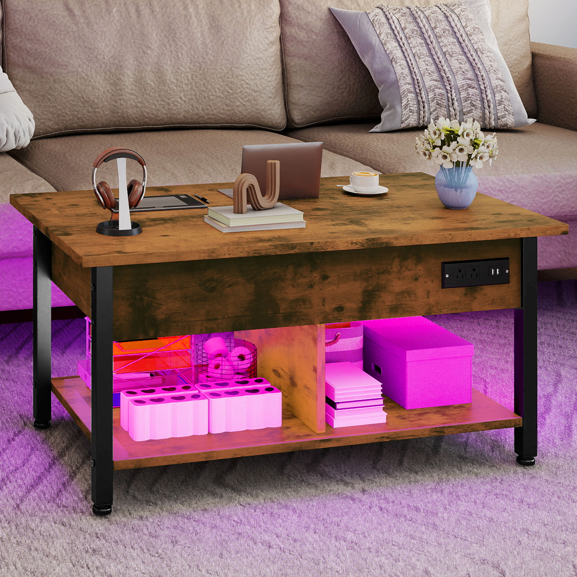 Uforic 3-in-1 Lift-Top Coffee Table with Storage, LED Lights & Power Hub for Living Room/Home Office, Brown