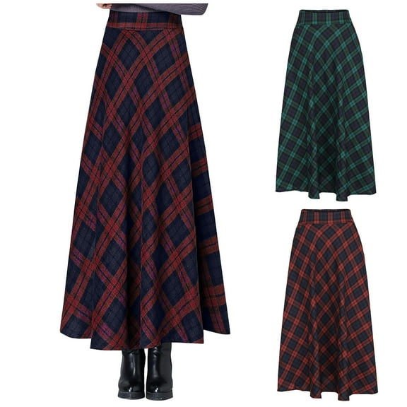 Women's A Line Skirts Elastic Waist Plaid Long Skirt Womens Retro Woolen Plaid Skirt Women's Winter Mid Length High Waisted Skirt