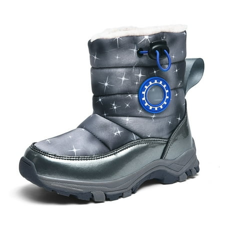 

Boys Girls Snow Boots Waterproof Hook and Loop Mid Calf Fur Lining Winter Kids Shoes Grey 11-11.5 Years