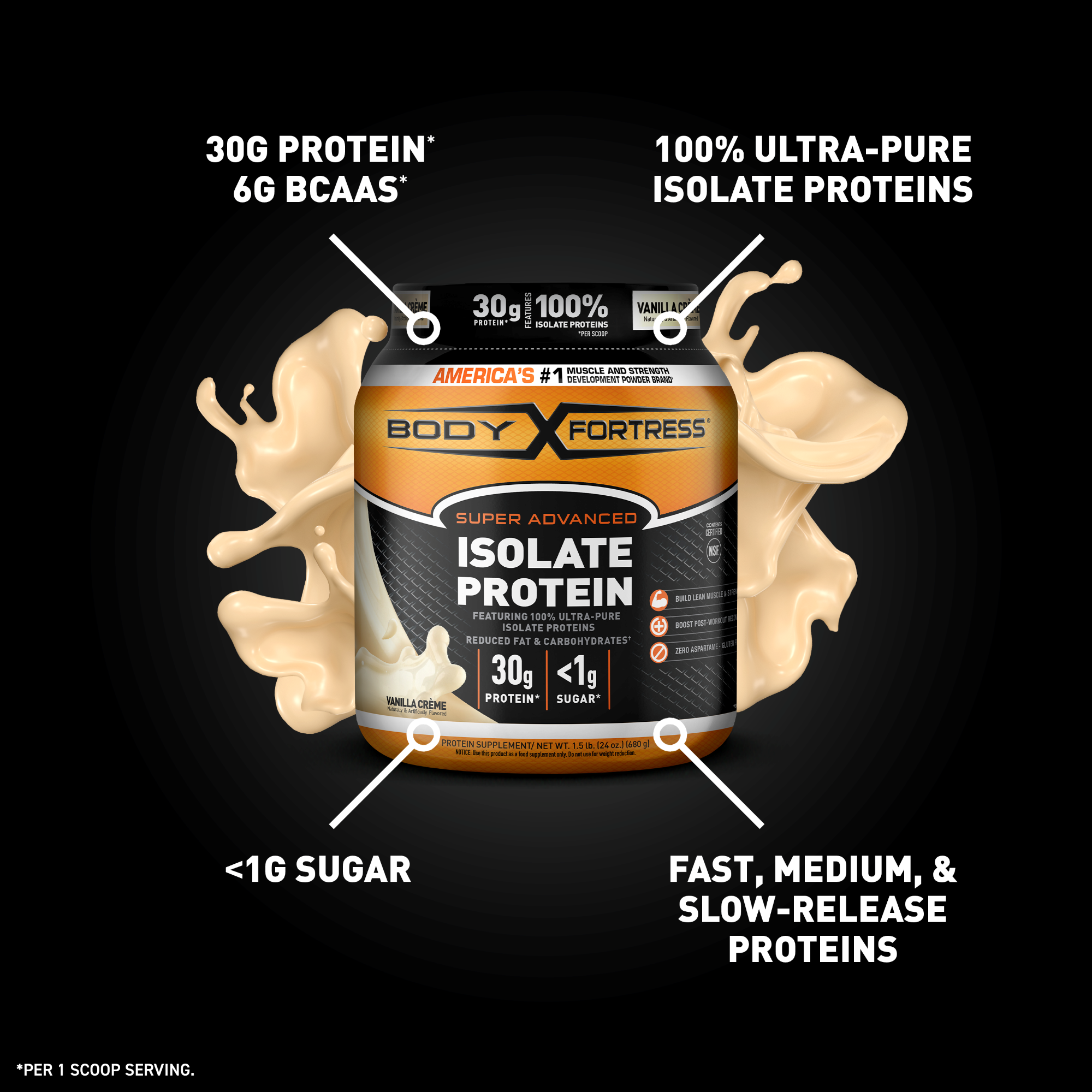 Body Fortress Isolate Powder, 30g Protein per scoop, Vanilla, 1.5 lbs (Packaging May Vary) - image 3 of 6