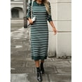 thumbnail image 2 of Niusricy Women's Classic Striped Knit Midi Dress Ladies Elegant Slim Fitted Round Neck Sweater Dress Long Sleeve Knitwear Casual Dress Streetwear Spring Fall for Daily Office Party Club Shopping, 2 of 7