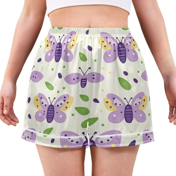 Women's Satin Pajama Shorts Purple Butterfly Pattern with Pockets, Elastic Waist Sleep Lounge Shorts