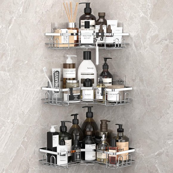 HuggieGems 3 Pack Corner Shower Caddy Organizer Shelf with Hooks, Silver Bathroom Shelves Storage Organization