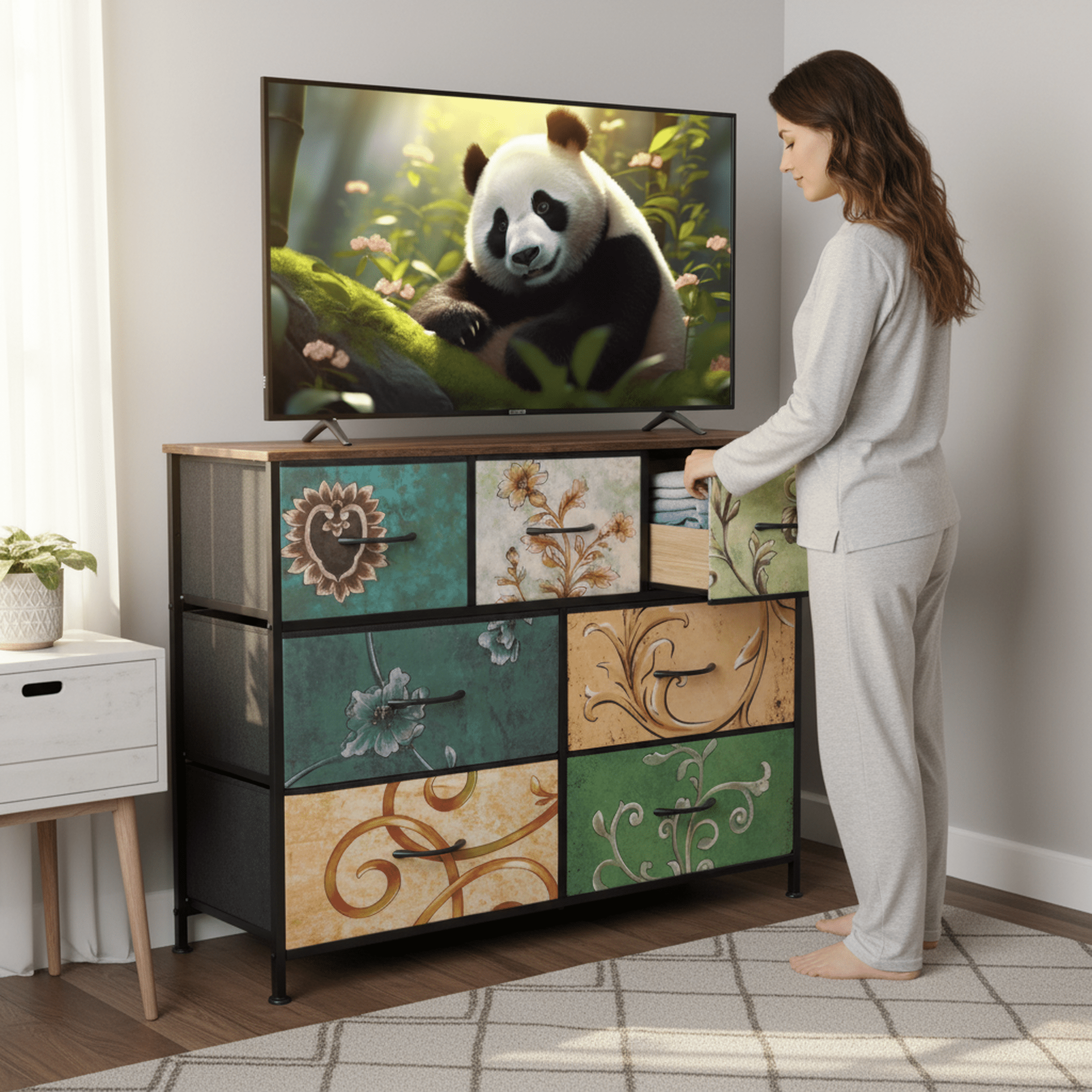 edx Fabric Dresser with 7 Drawers, Retro Flower Design, Chest of Drawers with Sturdy Steel Frame, Wood Top for Bedroom, Living Room, Hallway