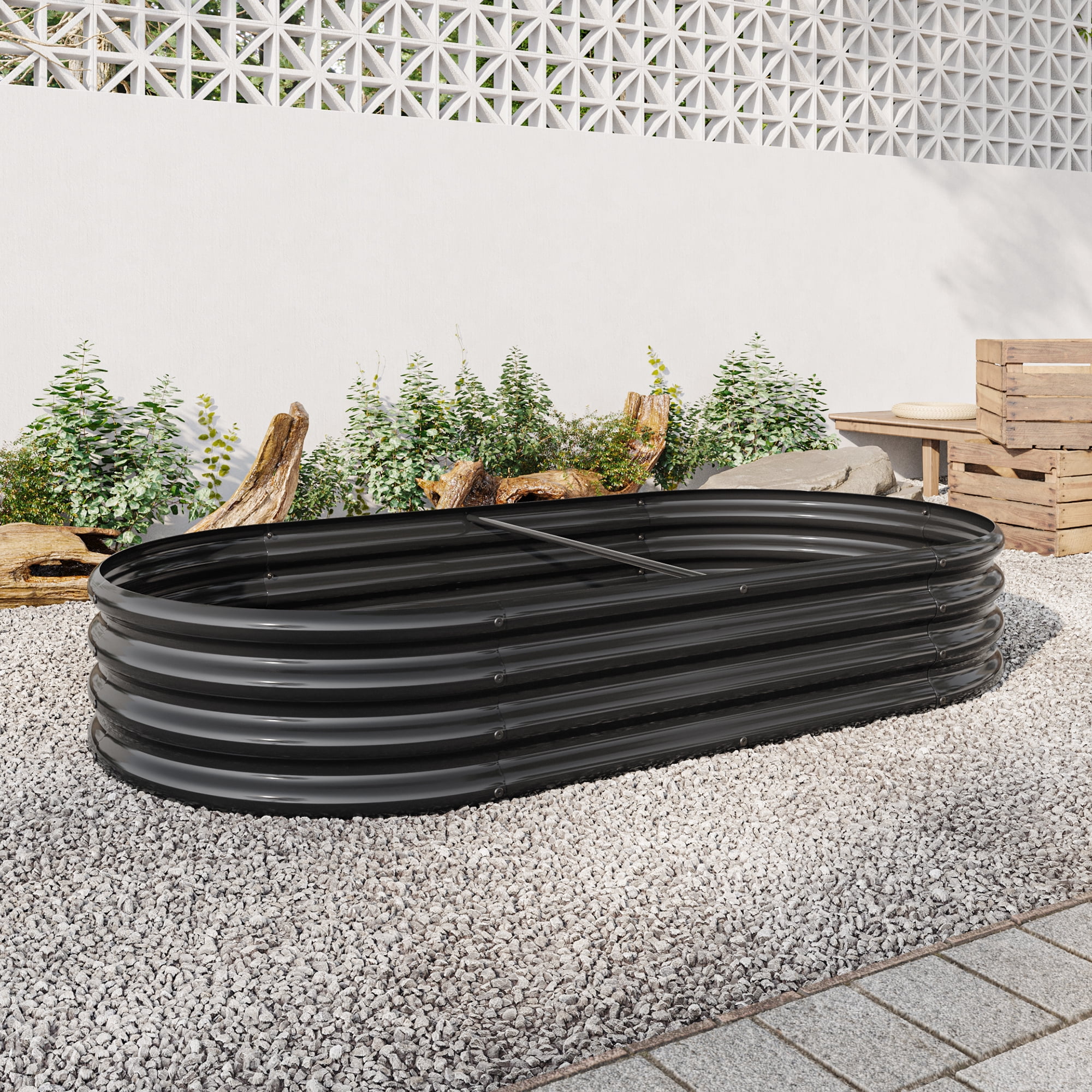 Raised Garden Bed Outdoor, Oval Large Metal Raised Planter Bed for for Plants, Vegetables, Flowers - Black