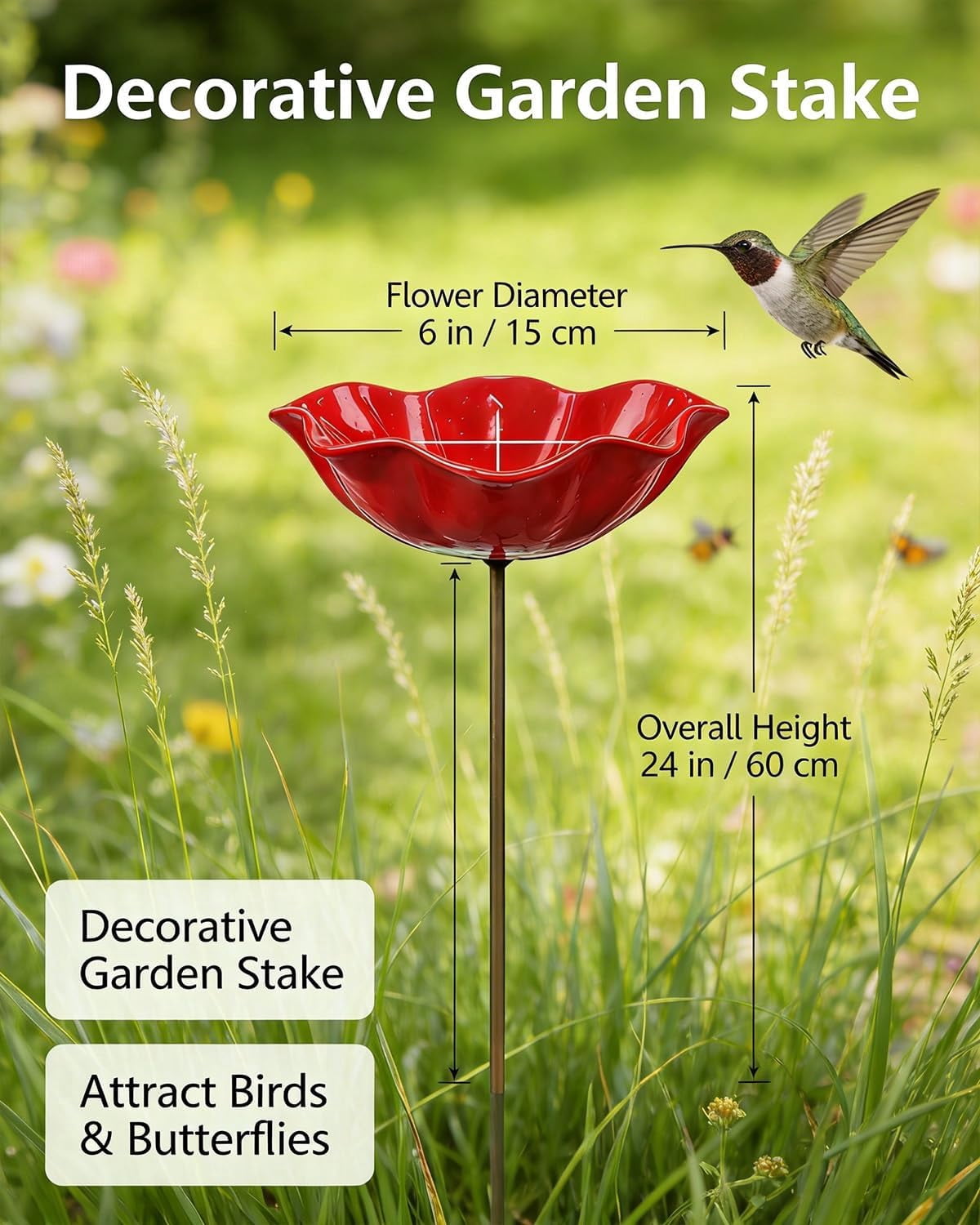 HZMSYQ 24 Inch Handmade Metal Flower Garden Stakes,Bird Bath Watering Station, Bee Bath Bowl Outdoor Yard Art for Butterfly Pollinator, Weather Resistant Garden Decor Gift
