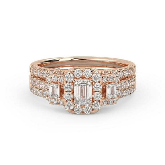 AFFY Three Stone Halo Bridal Set Rings for Women Center 4X3MM Emerald and Round Lab Created Moissanite Engagement Wedding Ring Jewelry Gift for Her In 10K Solid Rose Gold Size 10